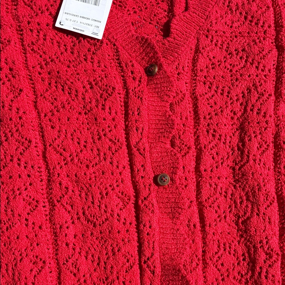 Mango Bright Red Openwork Button-Front Cardigan - Picture 4 of 5